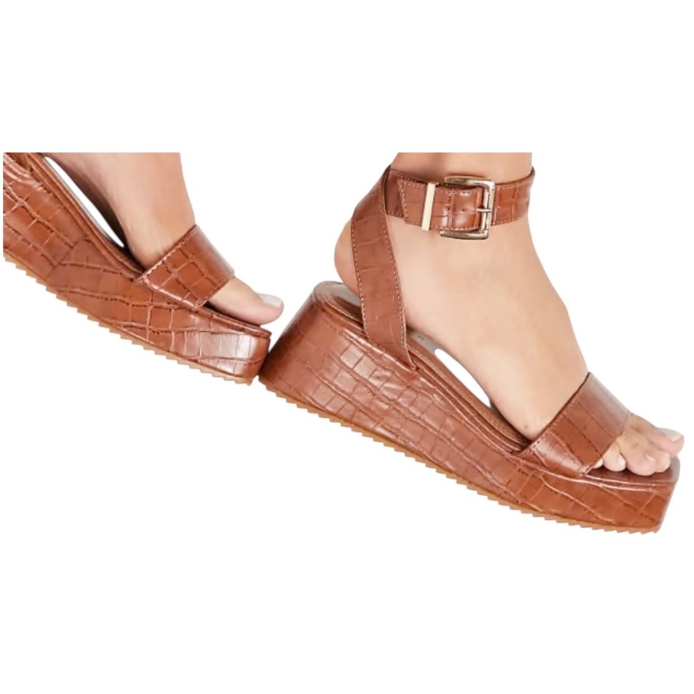 ASOS Brown Croc Embossed Platform Wedge Sandals Size 9